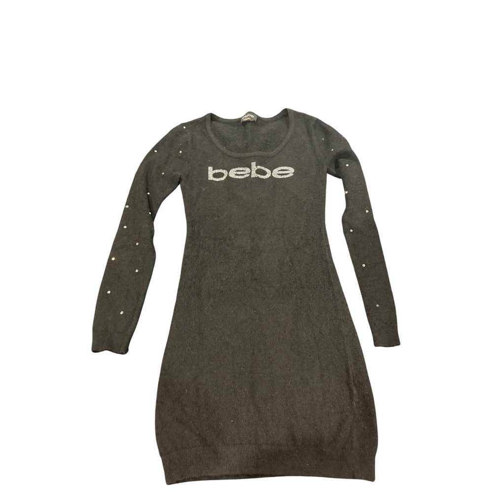 Bebe Womens Black Rhinestone Logo Long Sleeve Knit Bodycon Sweater Dress Small